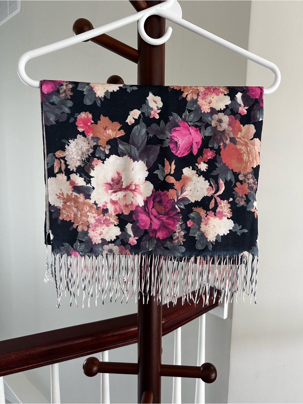 Floral Fringe Women's Scarf - Black with Pink & Cream Blooms